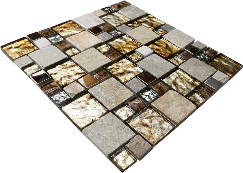 Glass Mix Stainless Steel and Slate Mosaic Tile